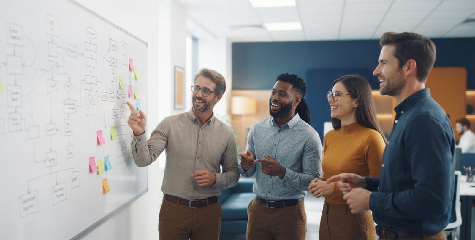 The SOG-SYS Solutions team planning a project at a whiteboard
