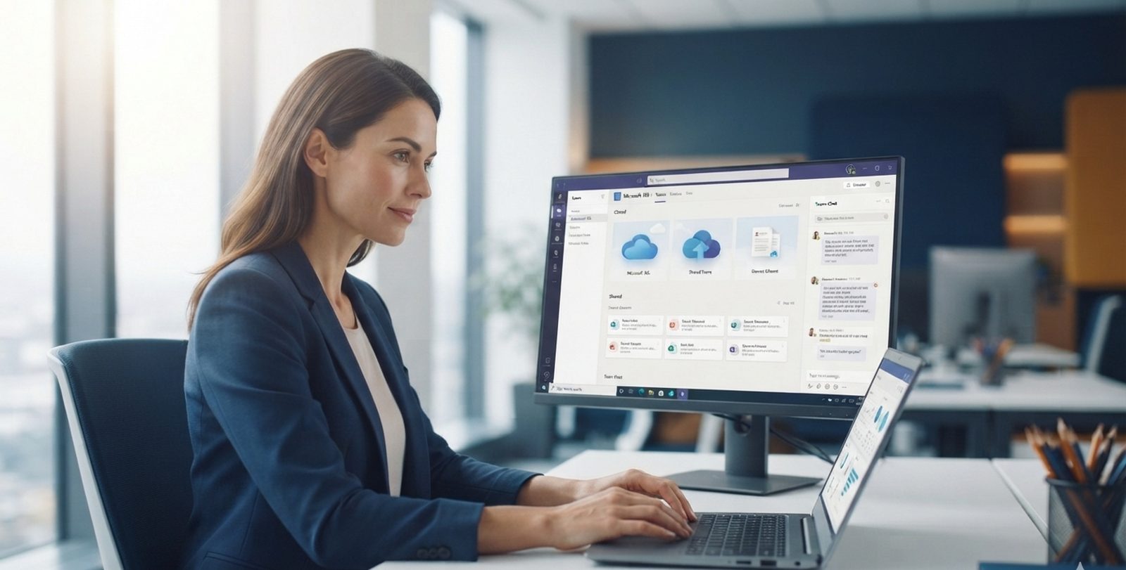 Professional using Microsoft 365 and cloud collaboration tools