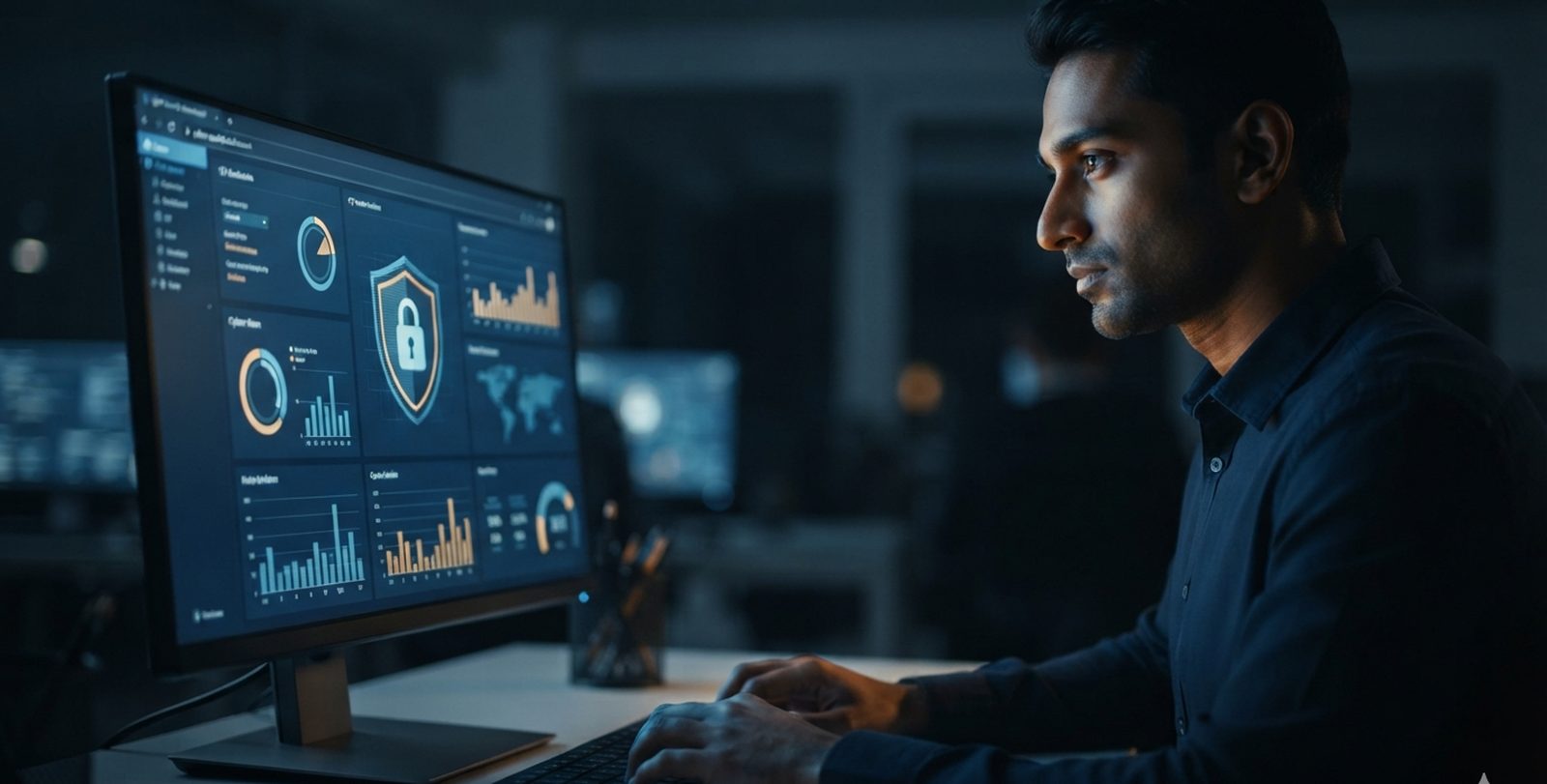 IT specialist monitoring a cyber security dashboard