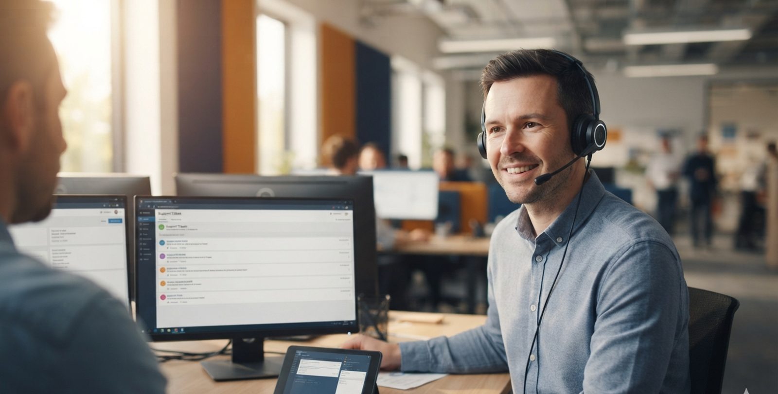 Friendly IT support engineer helping a client on a headset