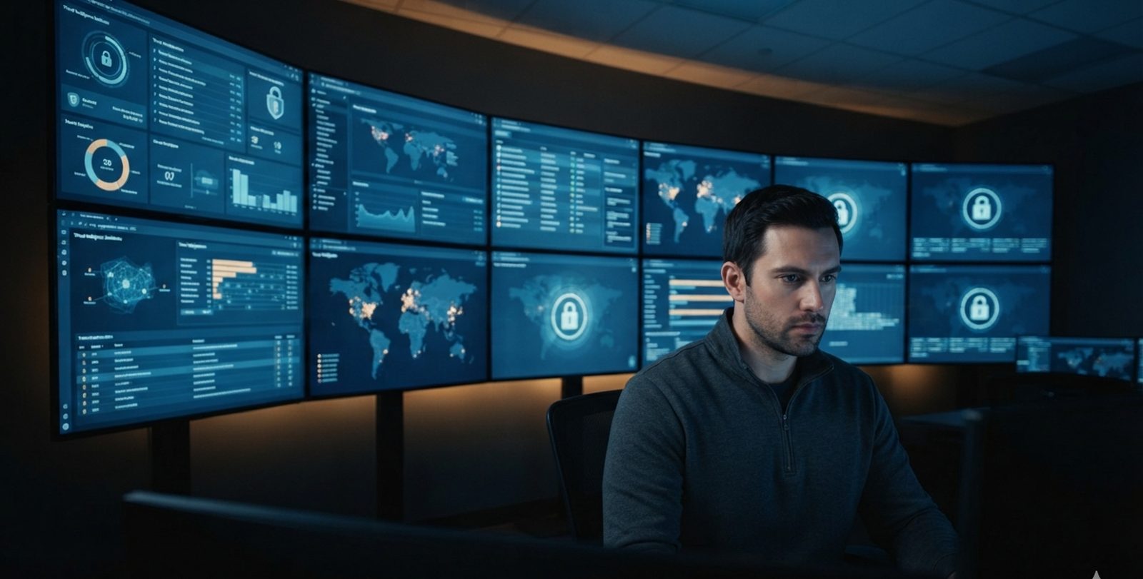 A security analyst monitoring threat dashboards in a security operations centre