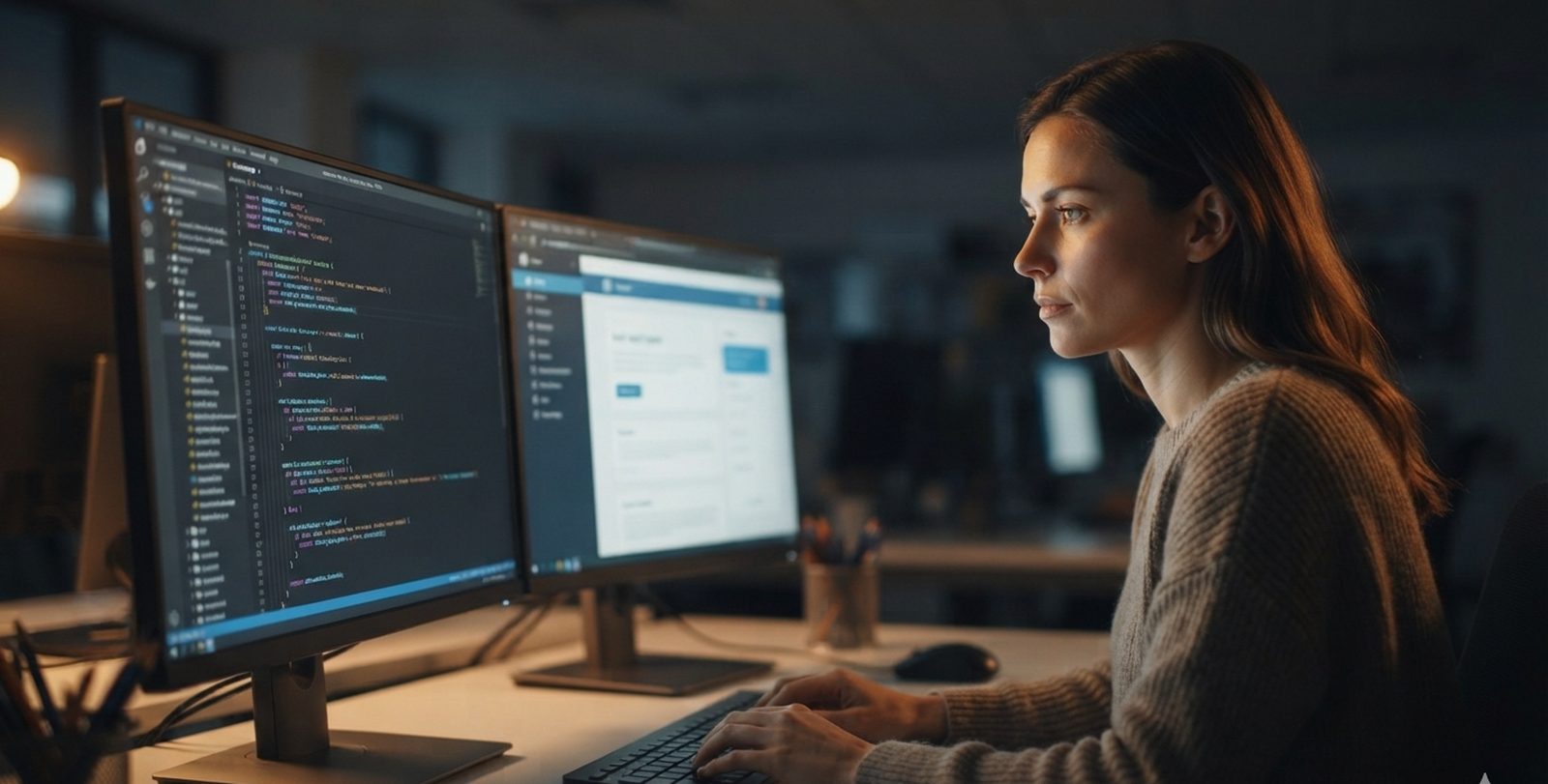 Software developer coding on multiple monitors